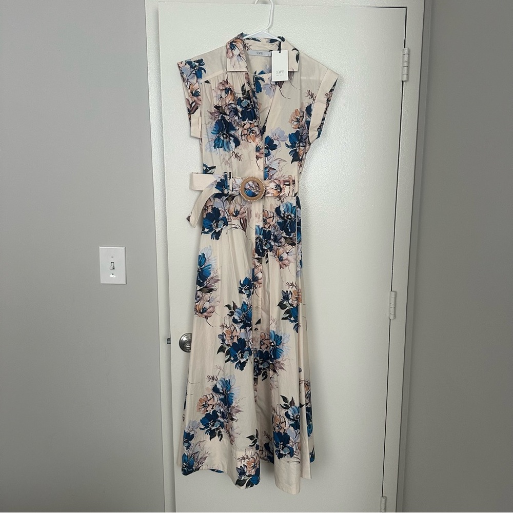 Anthropologie Cream Maxi Dress with Blue Floral Print